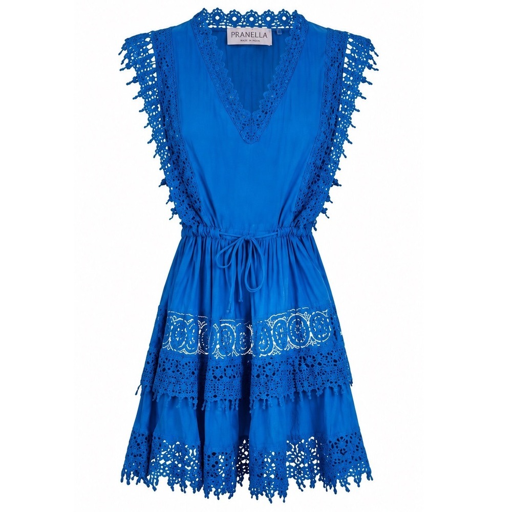 Pranella Blue Cotton Crochet Lace Tiered Mini Dress Boho Beach S/M